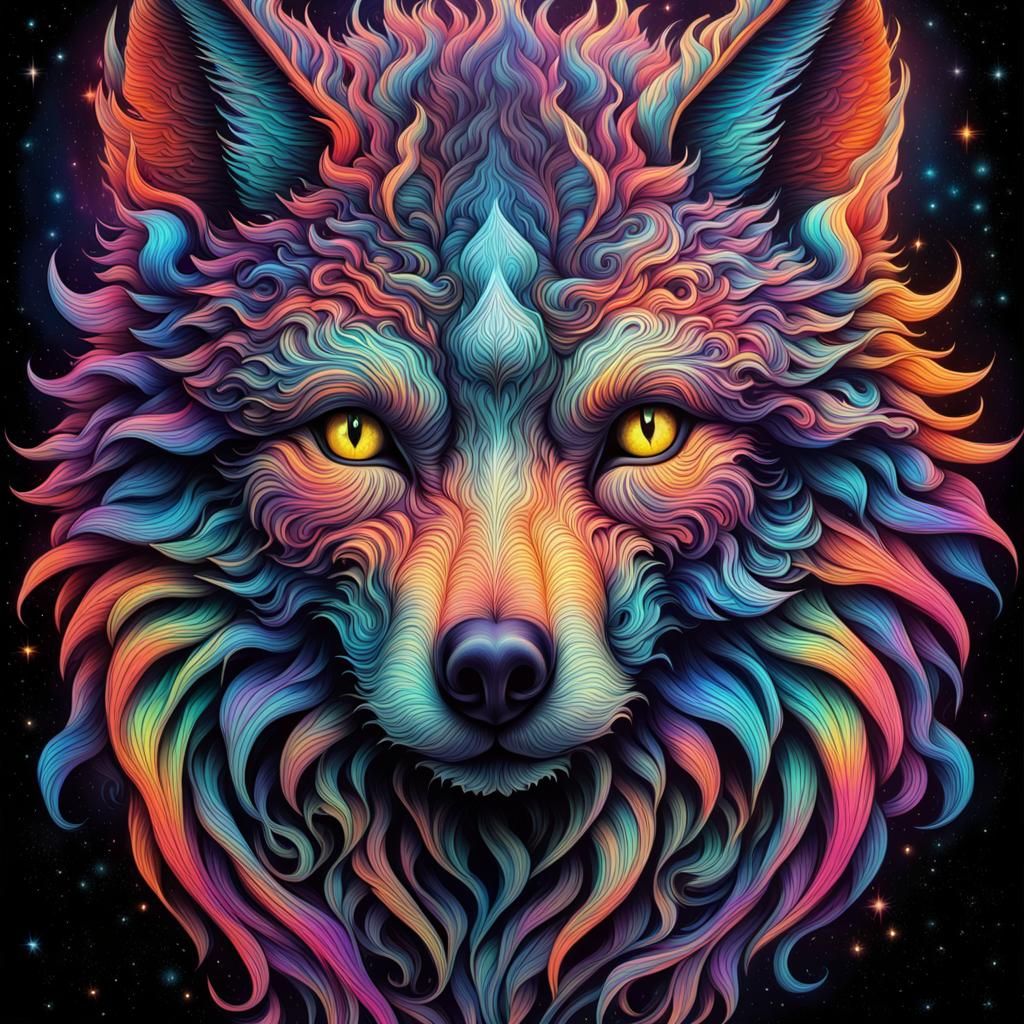 Cosmic Mystical Wolf in Neon Colors
