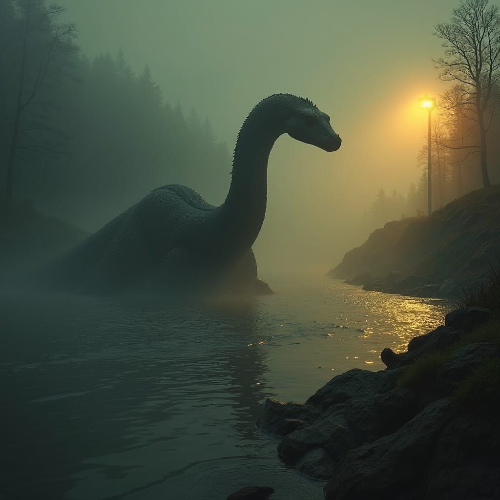 Serpentine Loch Ness Monster Ascends to Golden Dusk