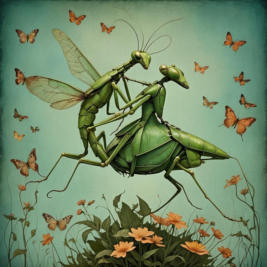 Surreal Being Riding Mantis Hybrid in Collage Style