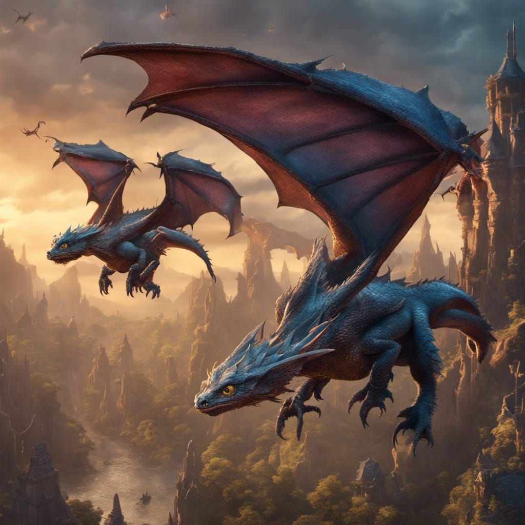 Fantastical Flying Baby Dragons in Detailed Matte Painting