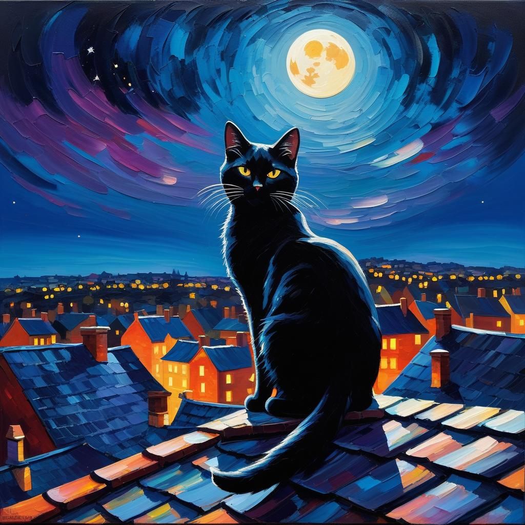 Silhouette art:  black cat sitting on a roof at night
