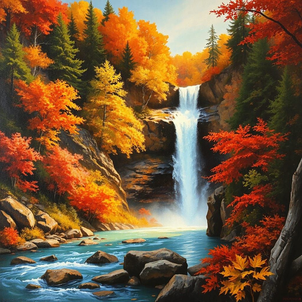 Serene Autumn Waterfall in Impasto Style