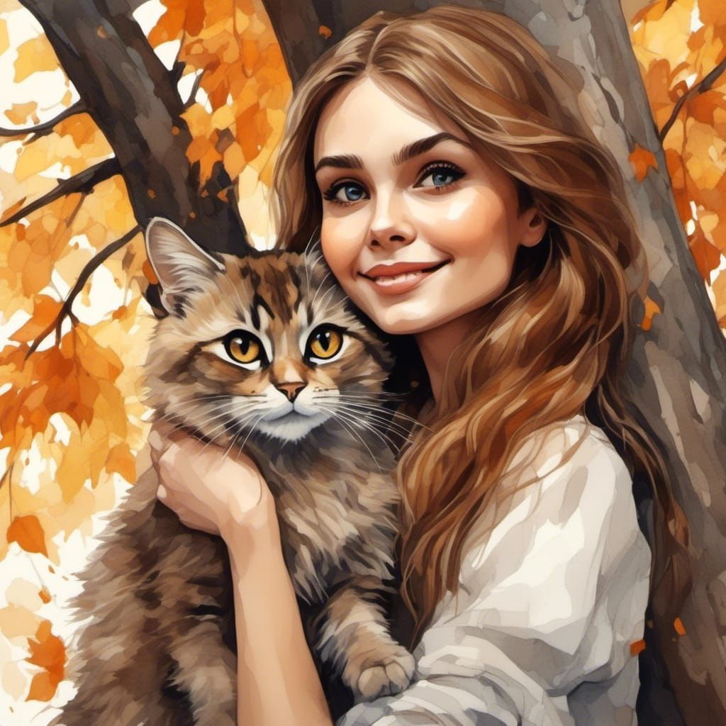 Woman with Brown Eyes Holding Cat, Autumn Day