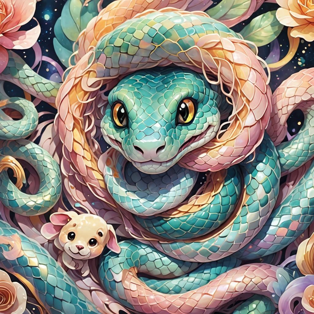 Smiling Puppy-Snake in Dreamy Art Nouveau Style
