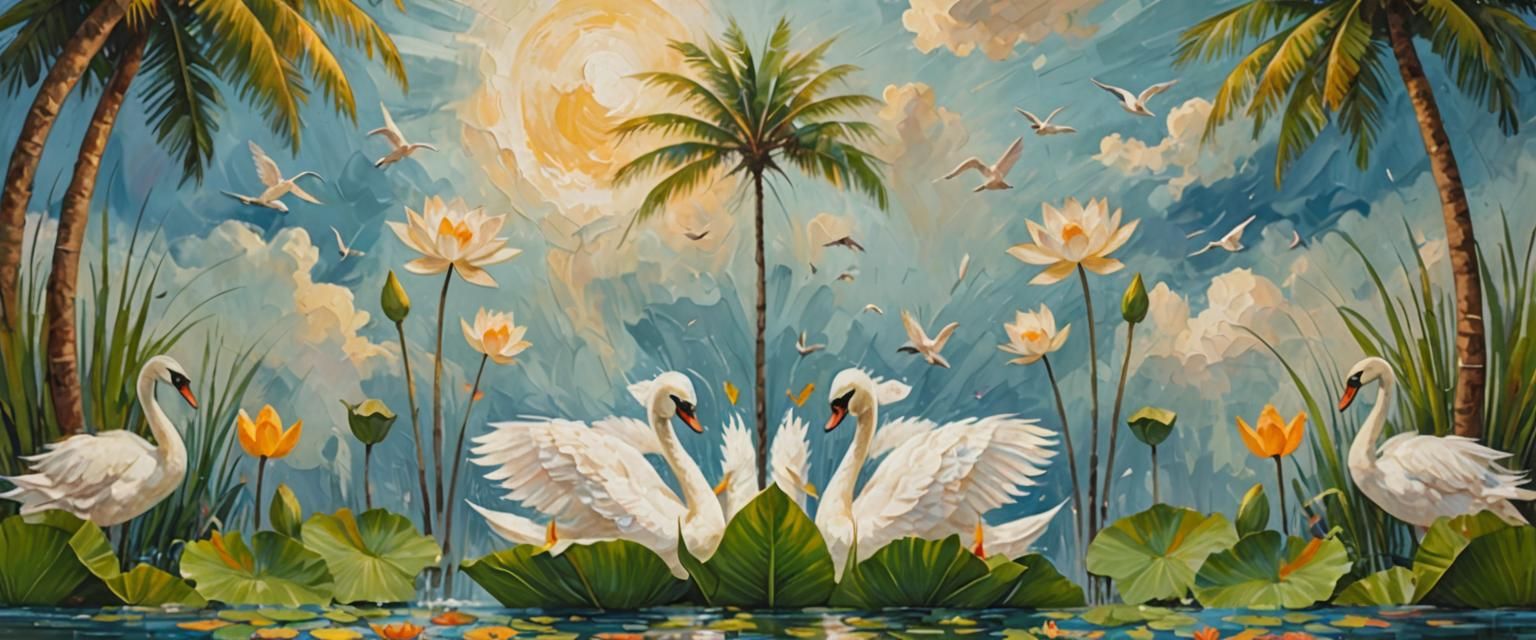 Swan in Lotus Pond: Abstract Expressionist Painting