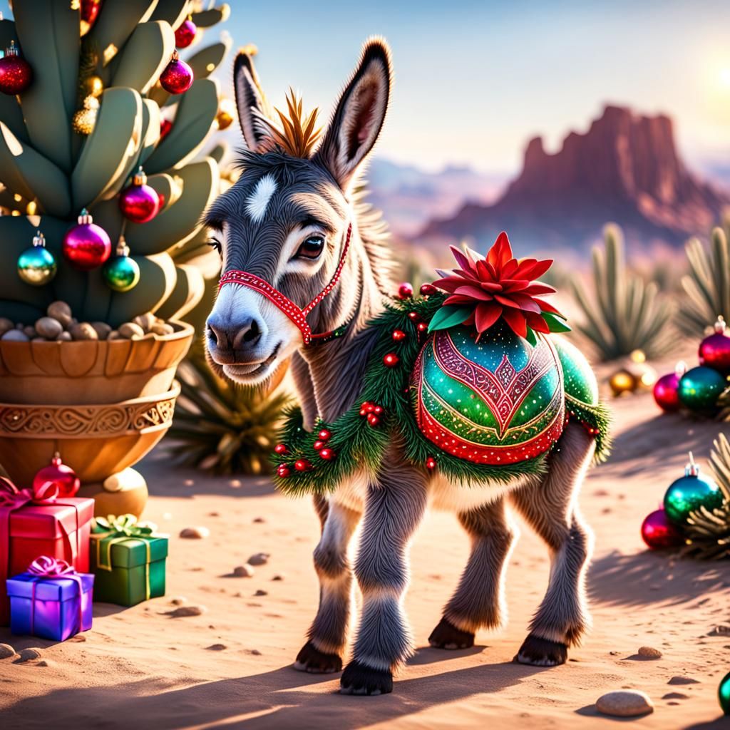 Cute Christmas Donkey in Sunny Desert Scene