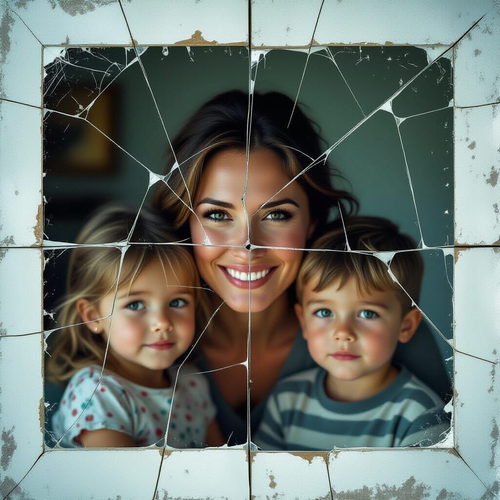 Unsettling Family Portrait With Cracked Glass Effect