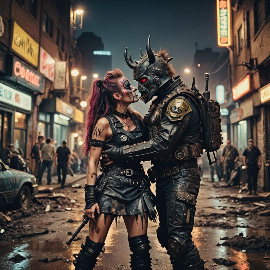 Dystopian Couple's Embrace in Post-Apocalyptic City