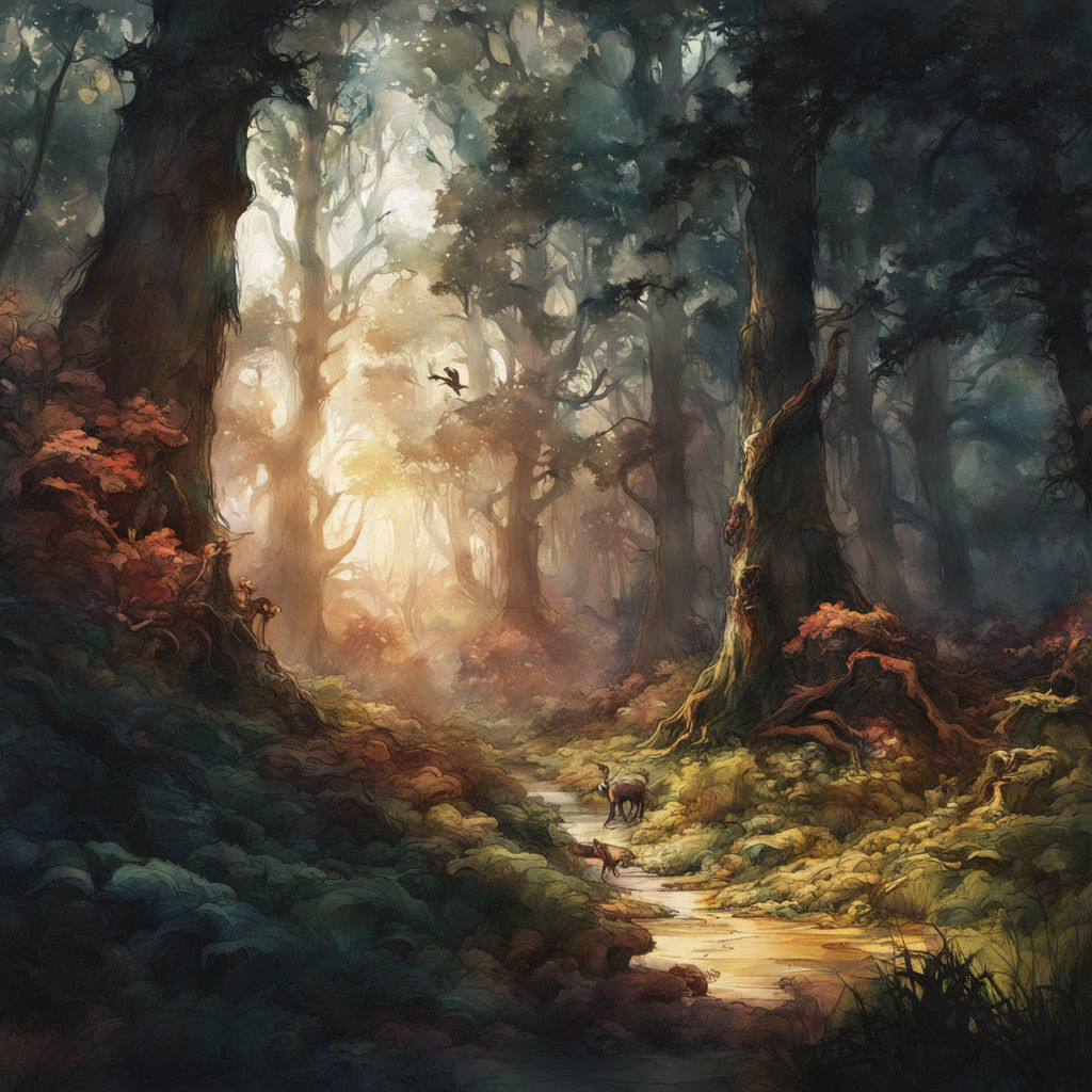 Ethereal Forest Realm Divided by Light and Shadow