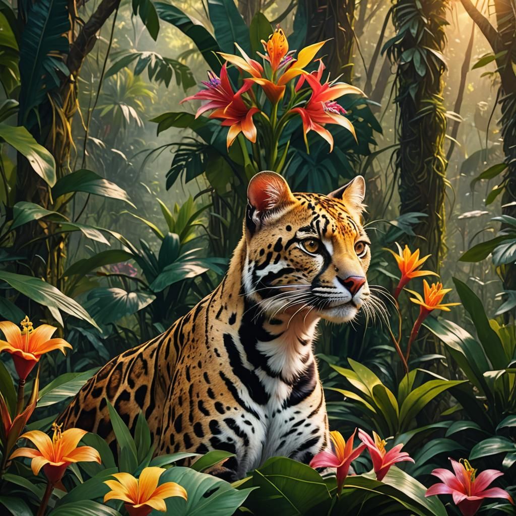 Ocelot and Tropical Flower in Jungle, Digital Painting