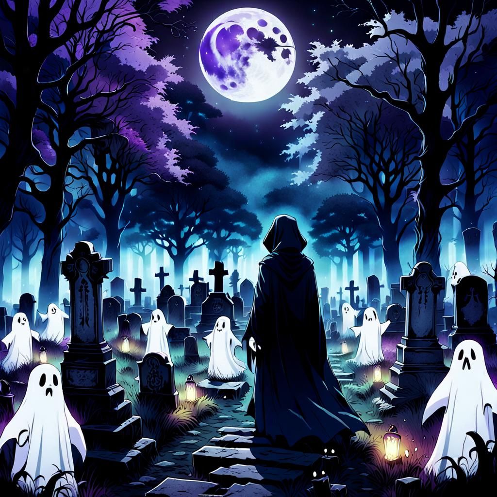 Eerie Anime Graveyard with Glowing Ghosts at Night
