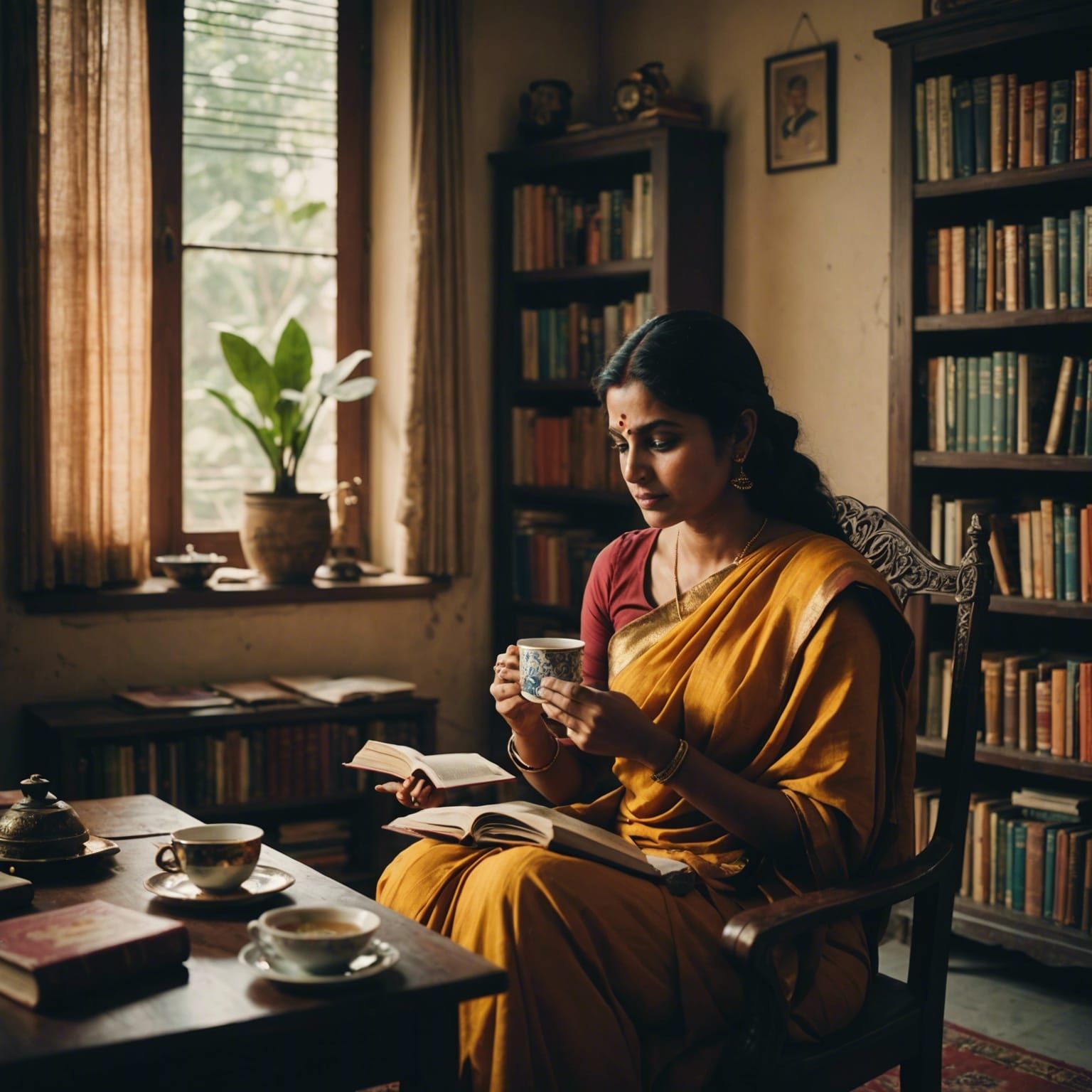 Woman Sipping Tea in Saree: Cinematic Film Still