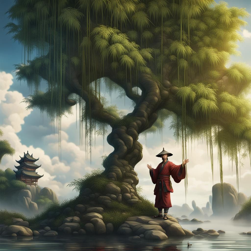 Laughing Taoist Master Under Bamboo Tree in Anime Style