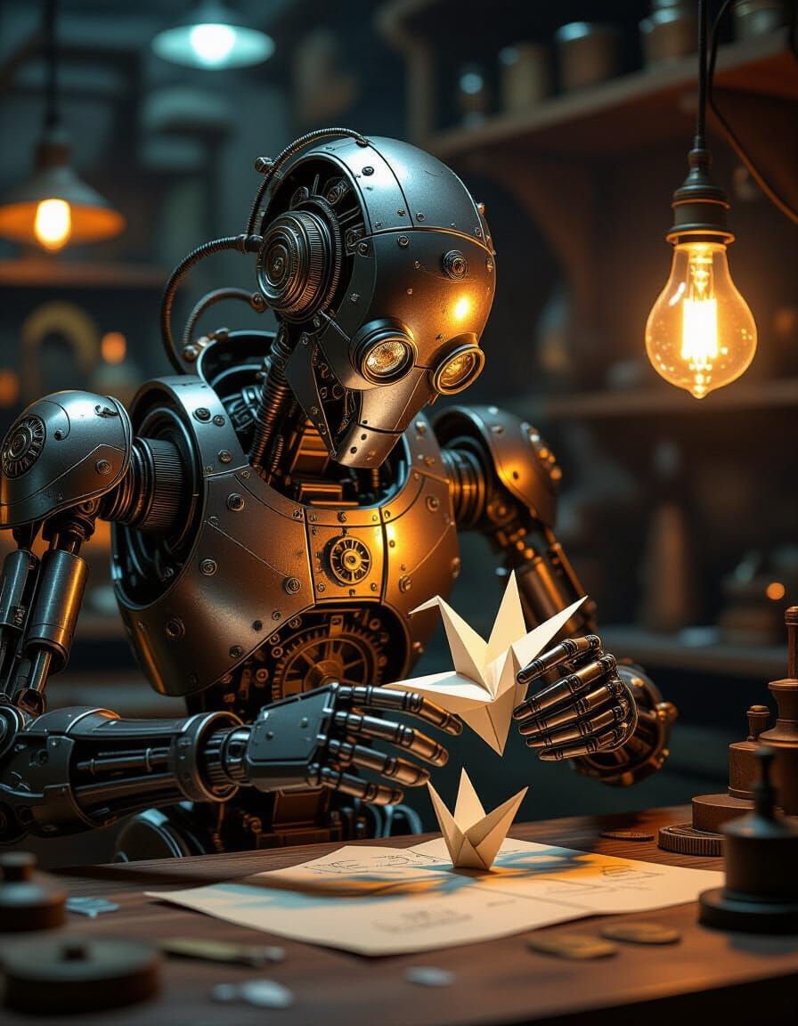 Clockwork Robot Crafts Origami Bird in Steampunk Workshop