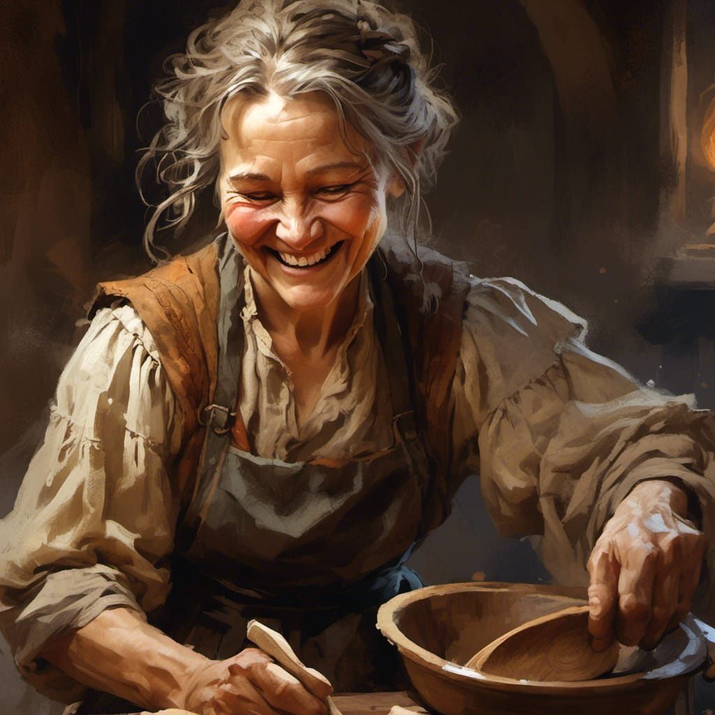 Halfling Servant Polishing Spoon in Rembrandt Style