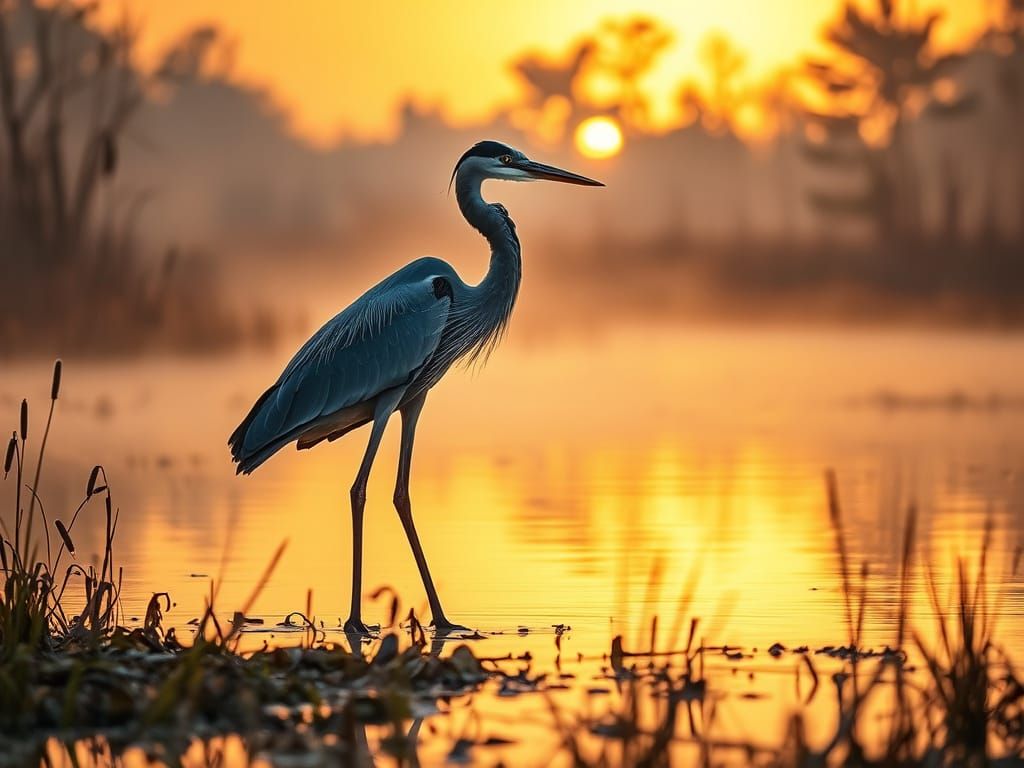 Realistic Great Blue Heron in Golden Hour