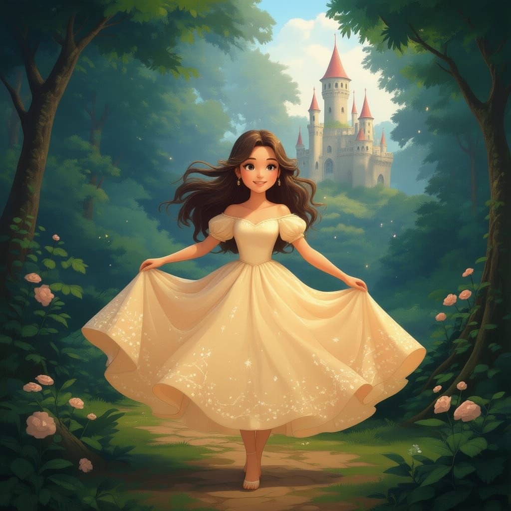 Enchanted Girl Twirls in Starry Forest Dress