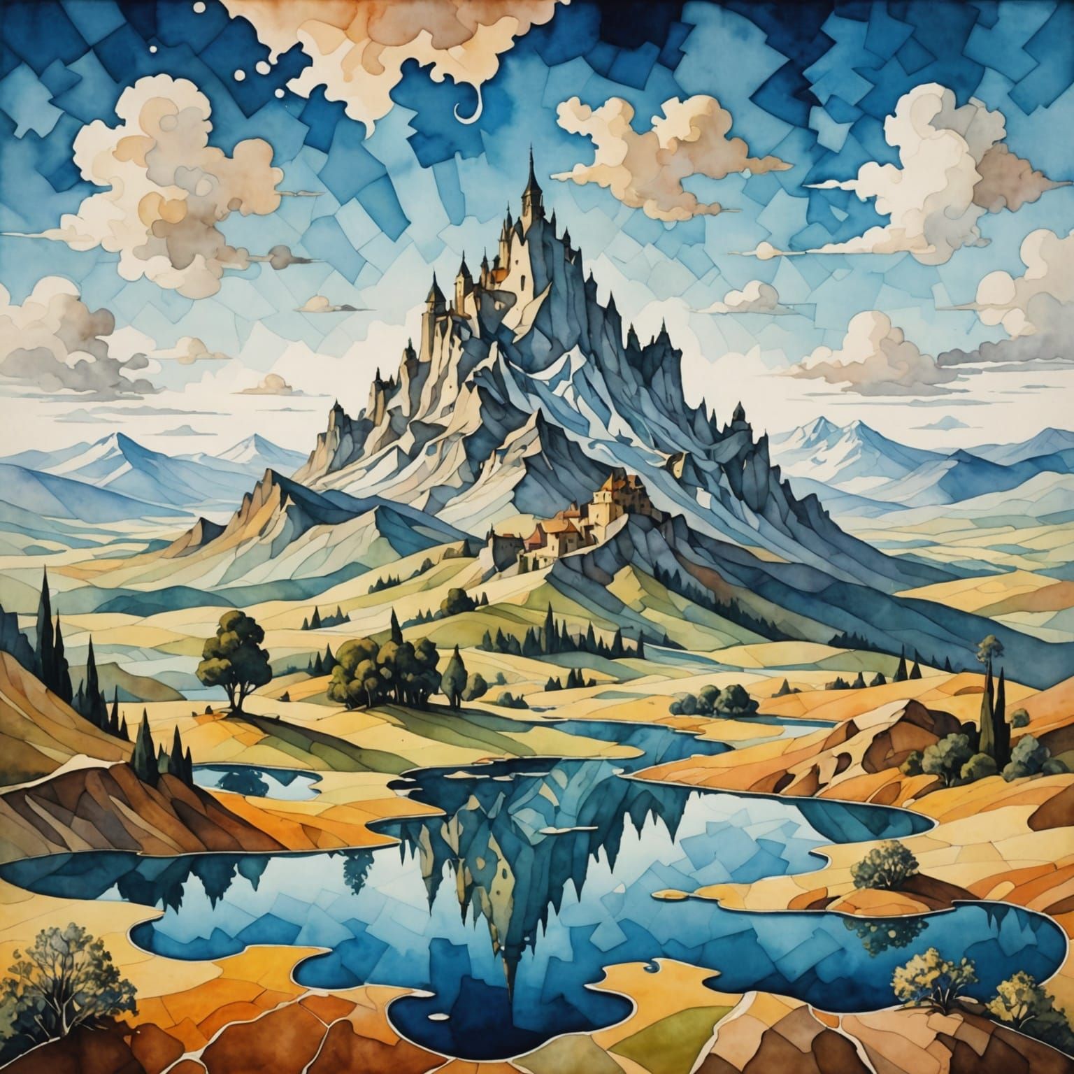 Surreal Watercolor Landscape With Floating Mountains and Puz...
