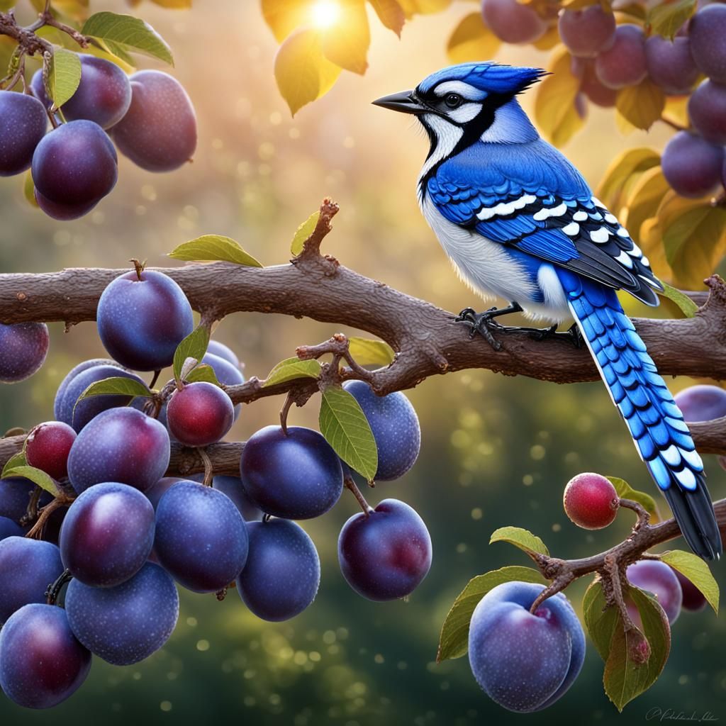 Bluejay with Plum in Morning Light