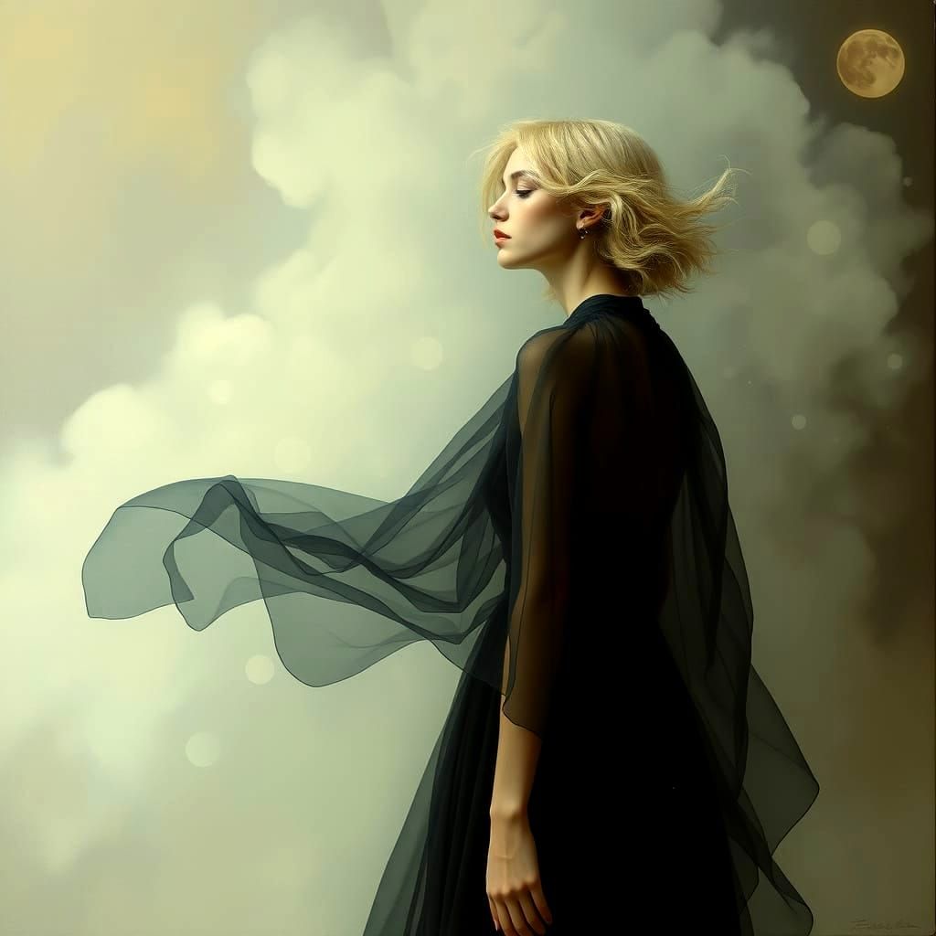 Surreal Portrait of Woman in Soft Cloud Atmosphere