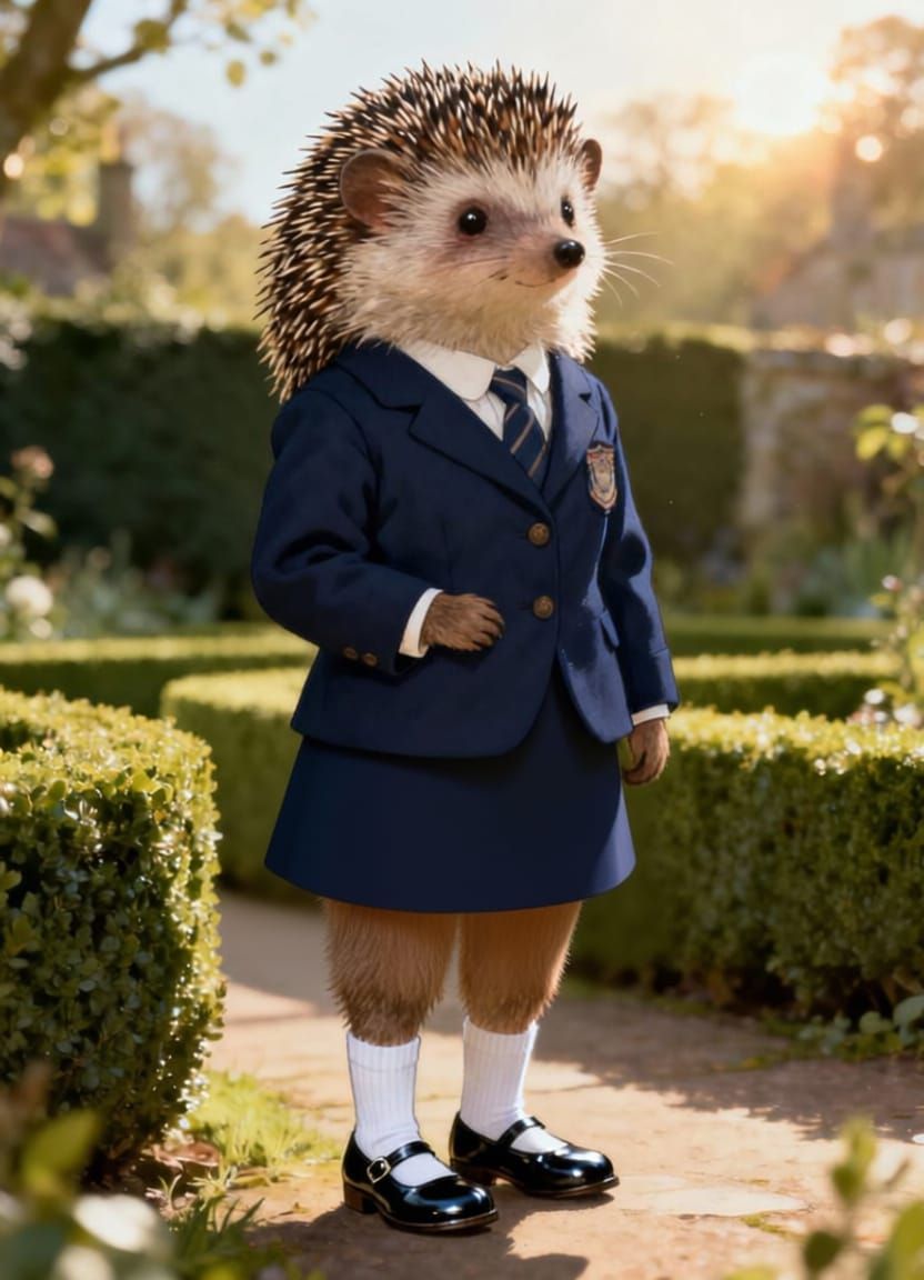 Hedgehog Student in English School Uniform