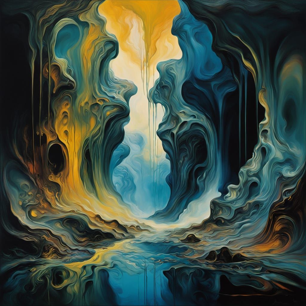 Surreal Oil Painting of Liquid in a Dark Cave with Iridescen...