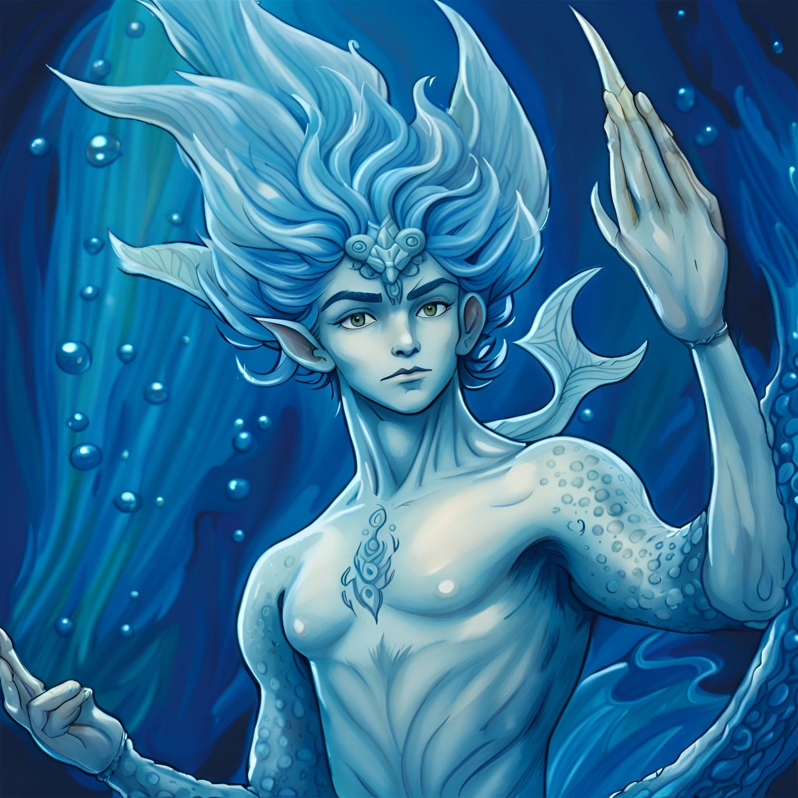 Azure Merfolk Male in Cel-Shaded Style