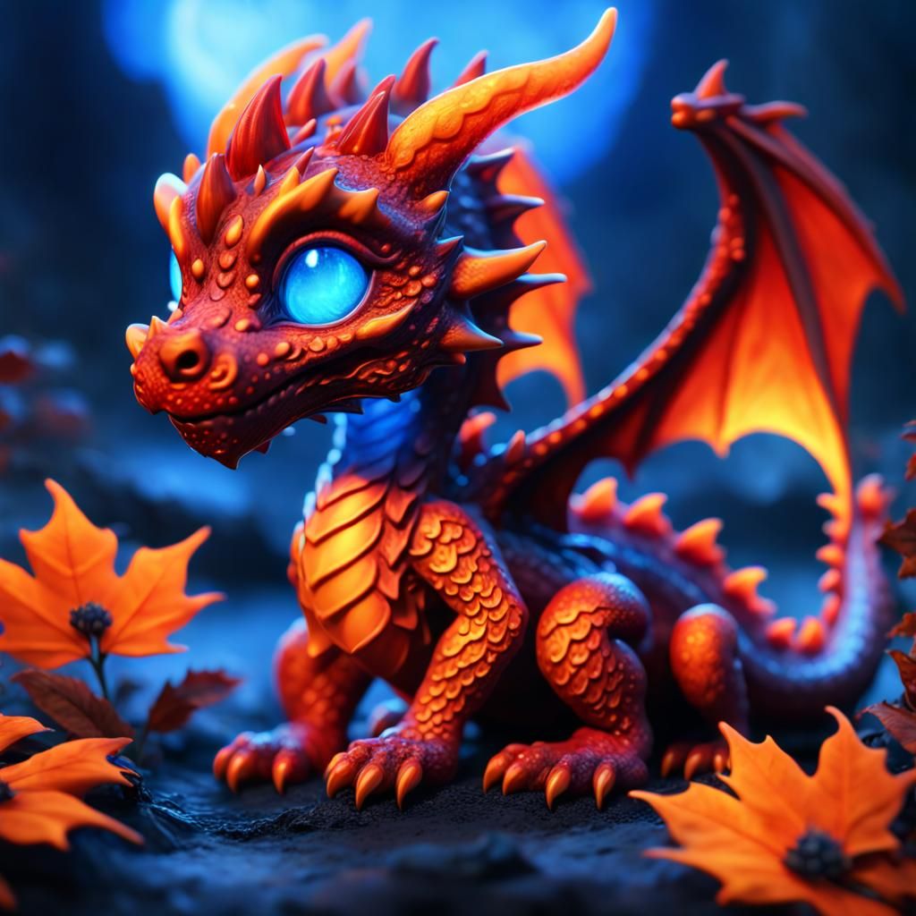 Glowing Baby Dragon in Autumnal Fantasy Landscape