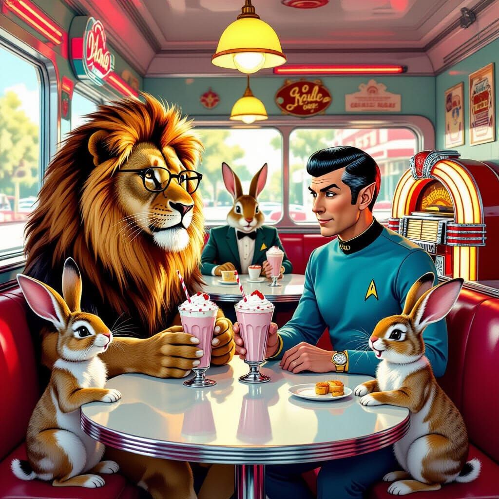 Lion Librarian Serves Milkshakes to Mr. Spock in 1950s Diner