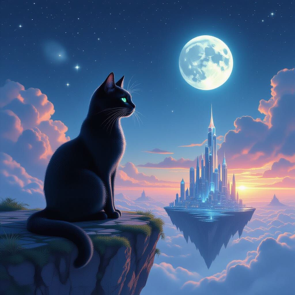 Obsidian Cat on Floating Island Under Starry Sky