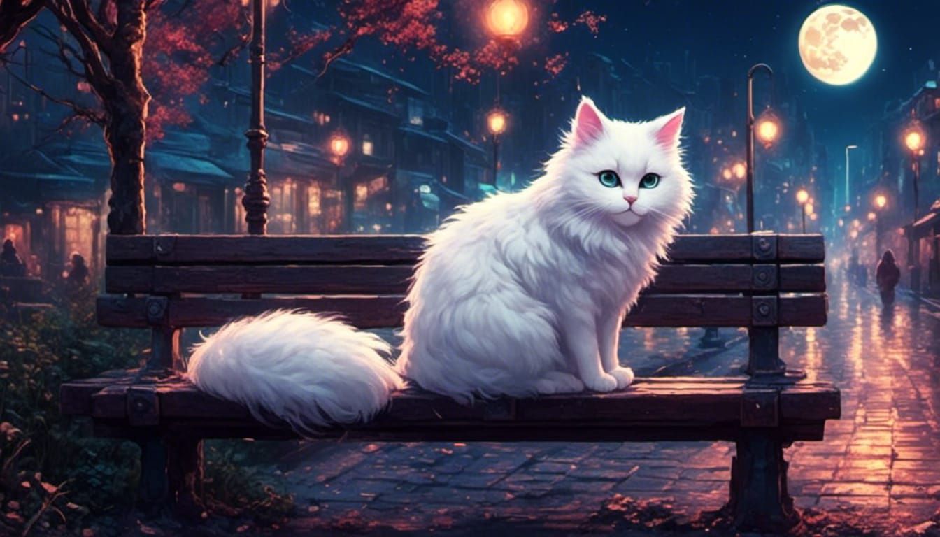 <lora:Synthwave stuff:1.0> a fluffy white  chibi cat at nigh...