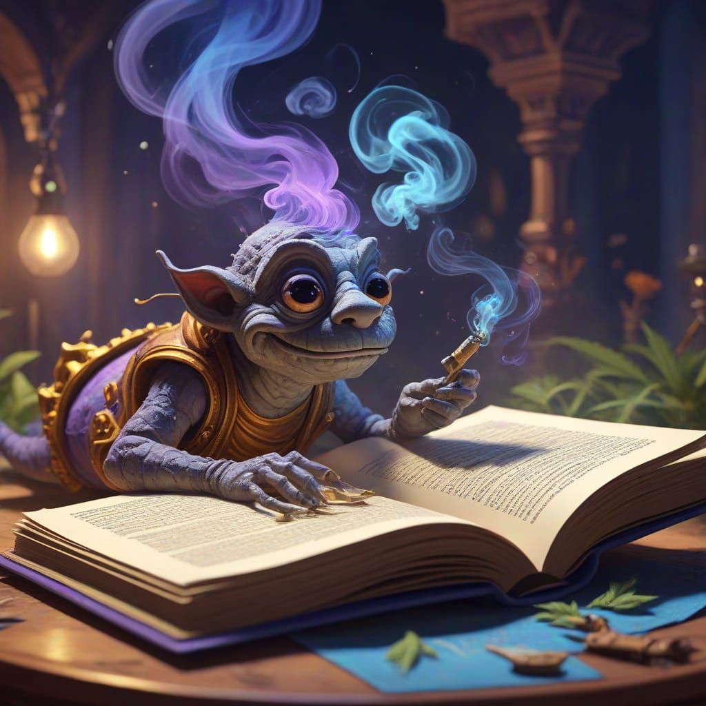 Marijuana Bookworm in Fantasia: Vibrant Oil Painting