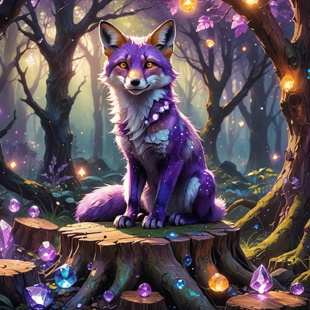 Mystical Purple Fox in Gem Forest: Fantasy Art