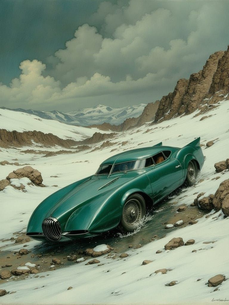 Emerald Futuristic Car in Desert Blizzard, Neoclassical Styl...