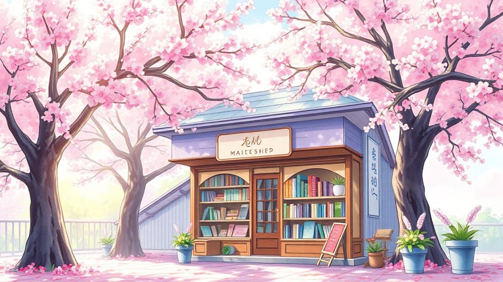 Whimsical Sakura Bookstore Scene in Watercolor Style
