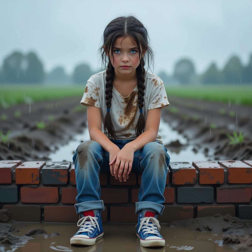 Young Girl in Muddy Field: Cinematic Realism