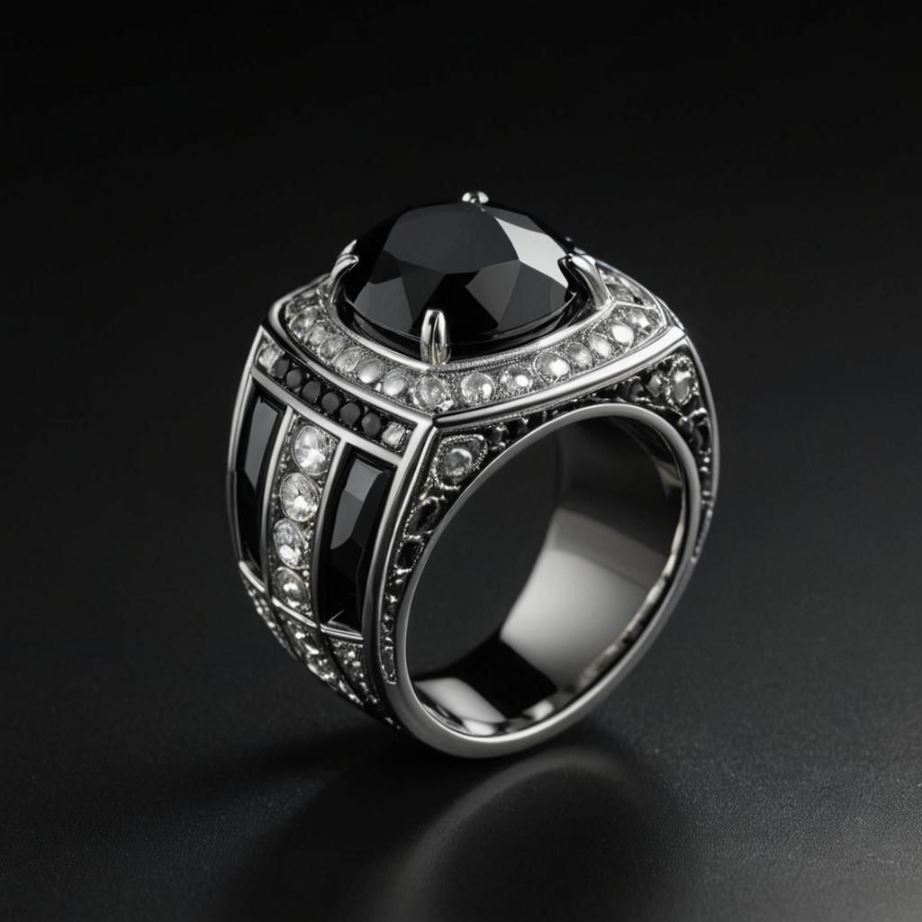 Exquisite Platinum and Onyx Ring Hyperrealistic Design