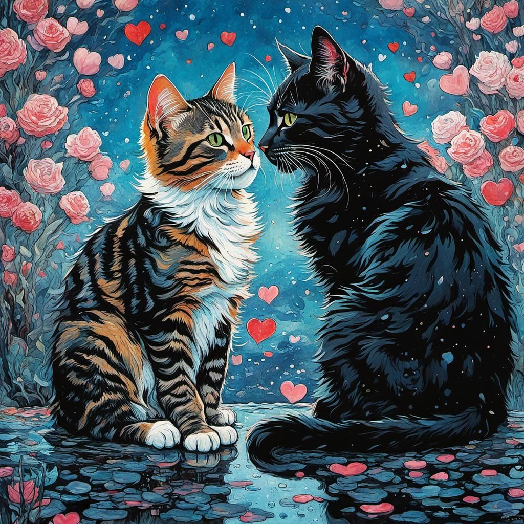 Cats in Love: Impressionist Gouache Illustration
