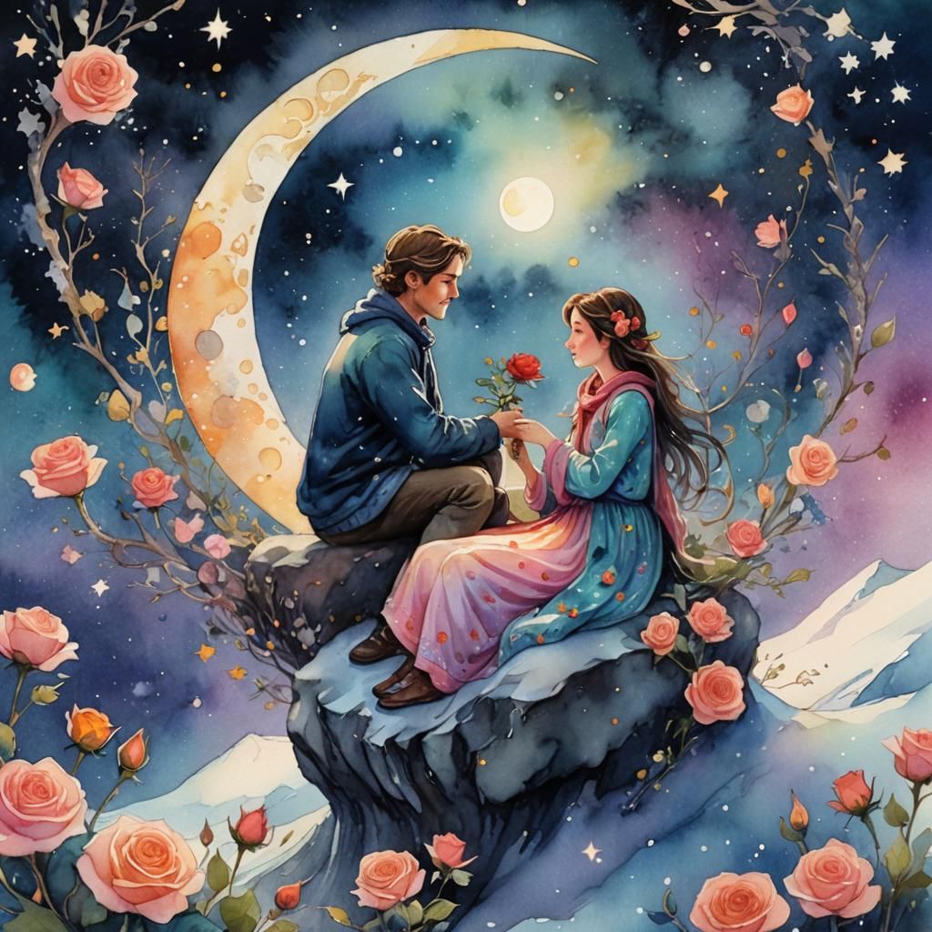 Romantic Couple on Moon in Watercolor Sky