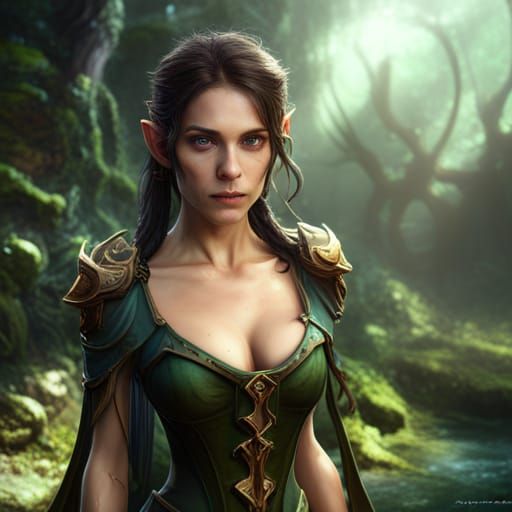 Brunette Elf Ranger in Detailed Forest Scene
