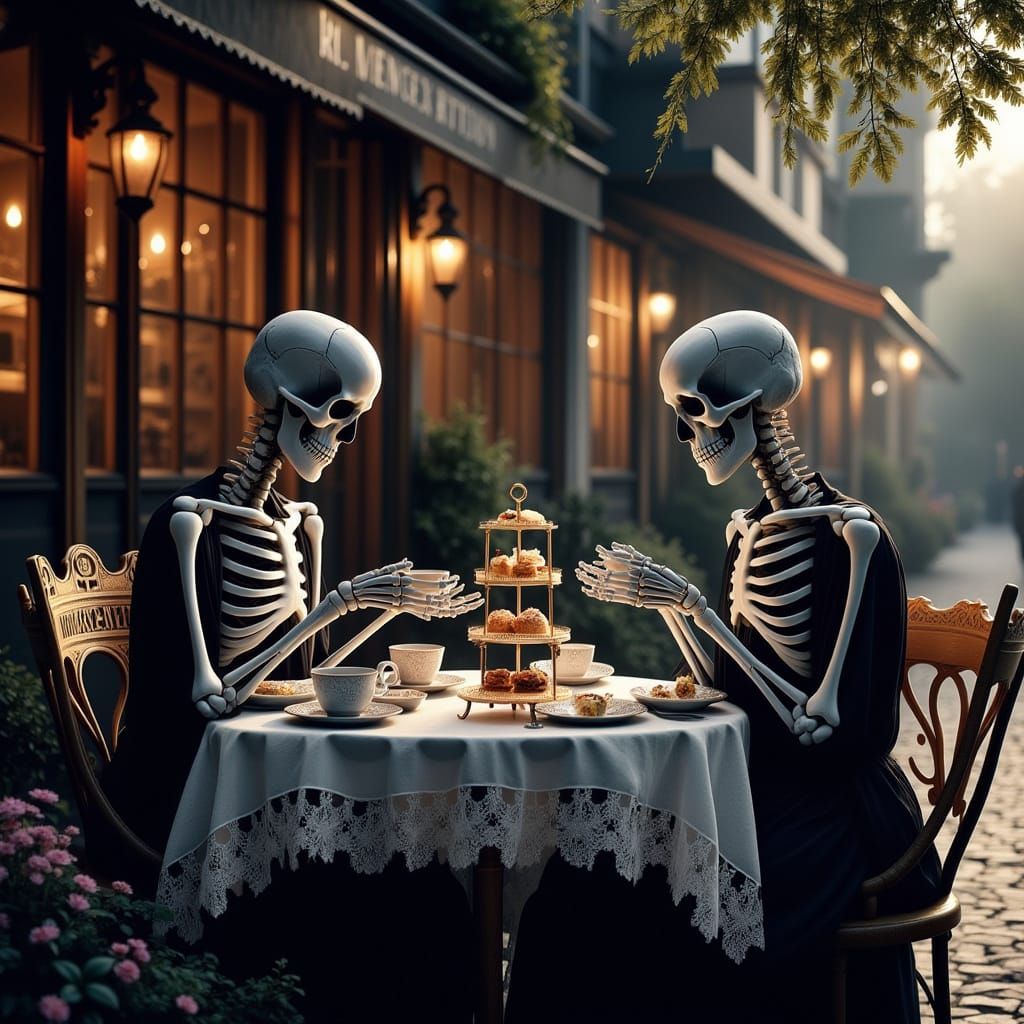 Surreal X-Ray Skeletons Enjoy Tea in a Vibrant Restaurant Sc...