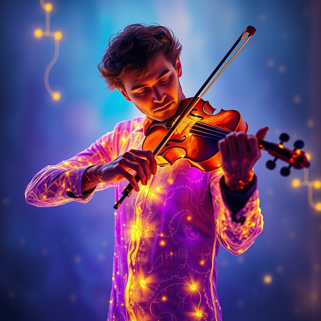 A man playing a violin, with the man's body and the violin a...