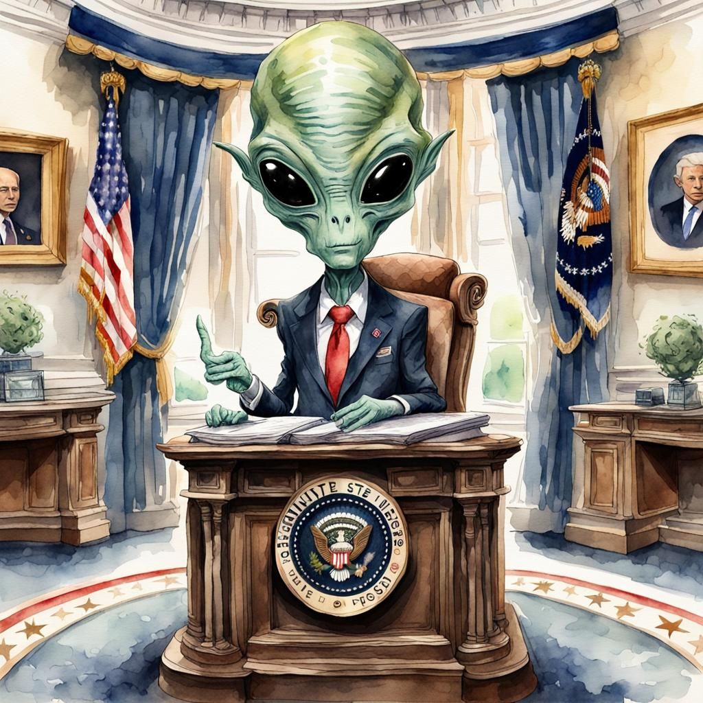 Alien President in White House: Watercolor Art
