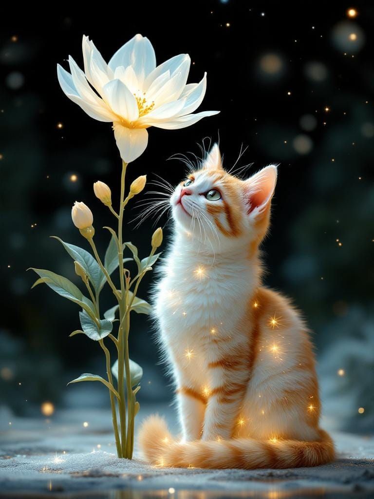 Cat Under Flower in Hyperlucent Neoclassical Style