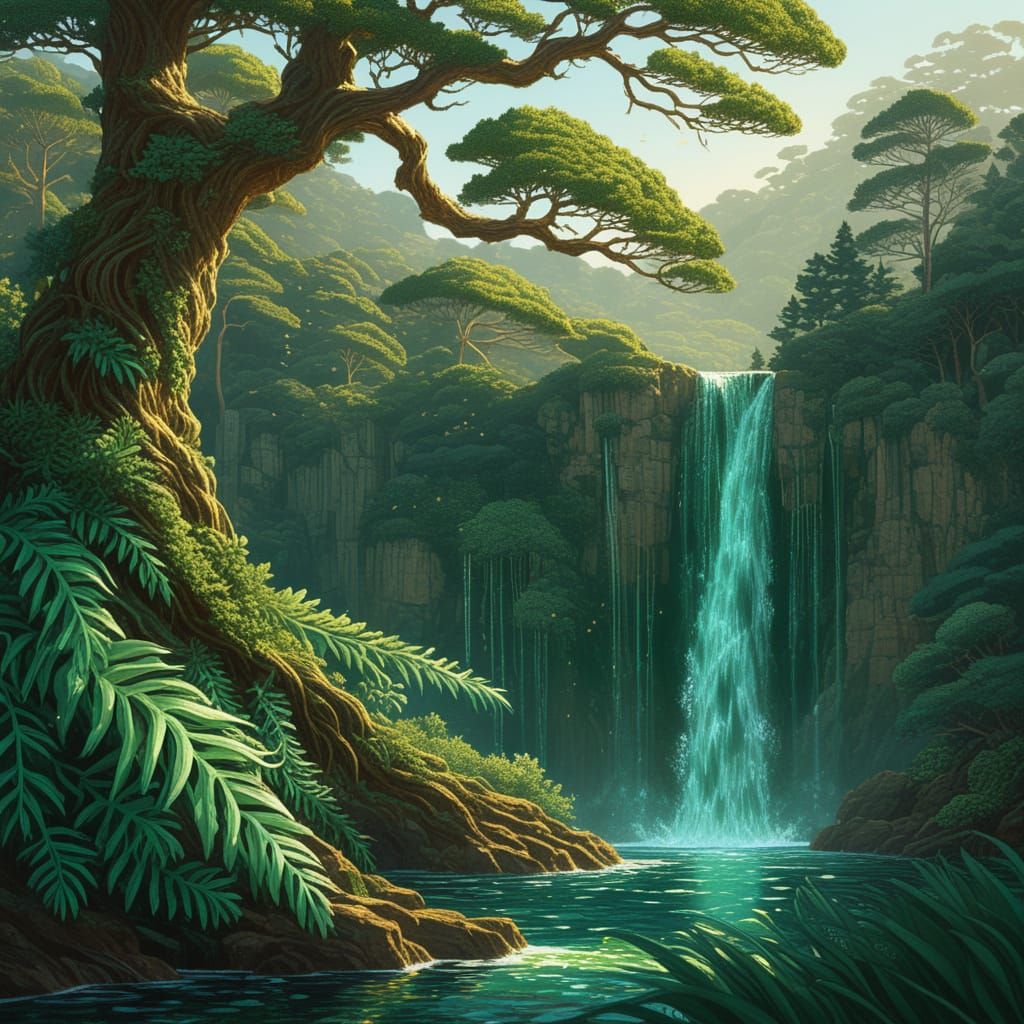 Emerald Waterfall Through Acanthus Leaves in Golden Hour