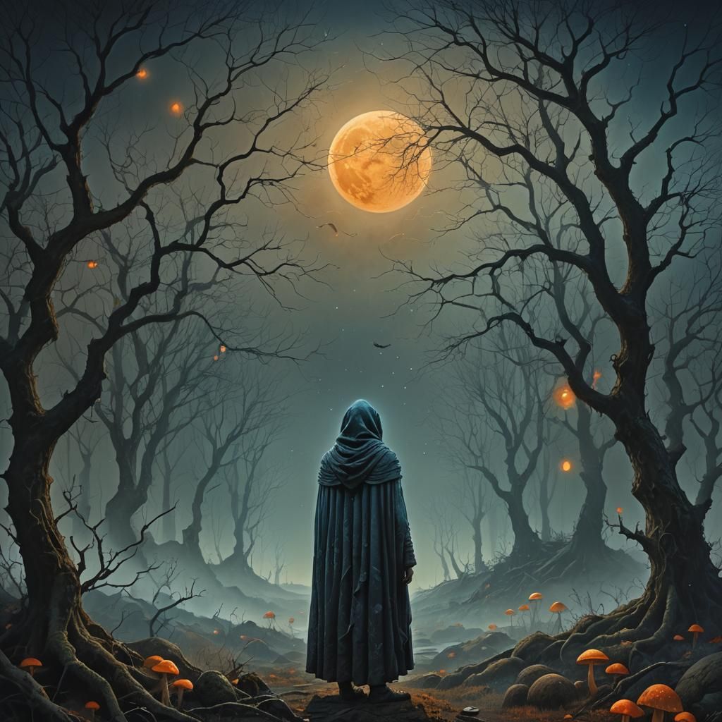 Despairing Figure Under Sorrow Moon as Matte Painting