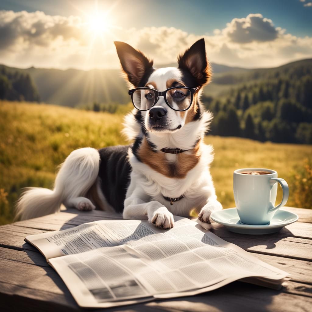 Dog Reading Newspaper with Coffee in Sunlight
