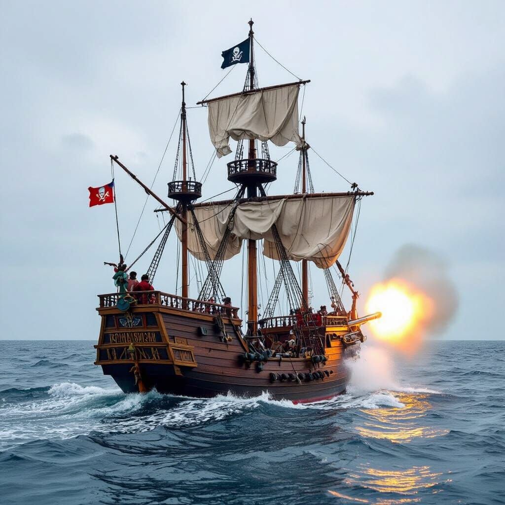 17th Century Pirate Ship Firing Cannons at Sea