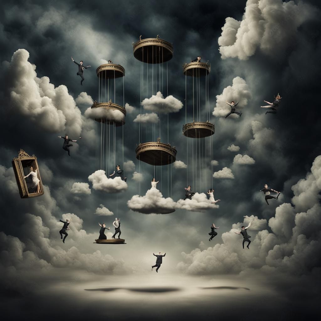 Surreal Stage with Actors Flying in Dark Sky