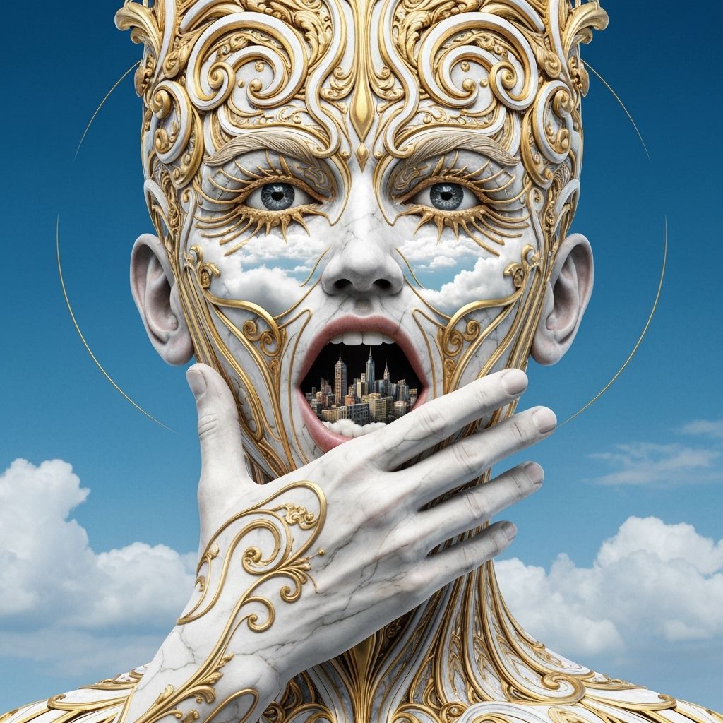 Surreal Figure with Cityscape Mouth, Ornate Digital Art